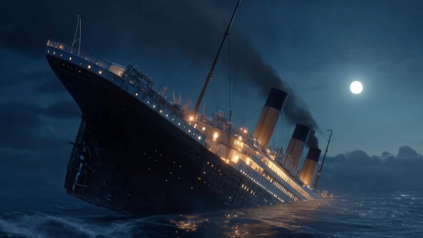 Screenshots from TikTok of woman using Titanic props and blue sheets to recreate Titanic