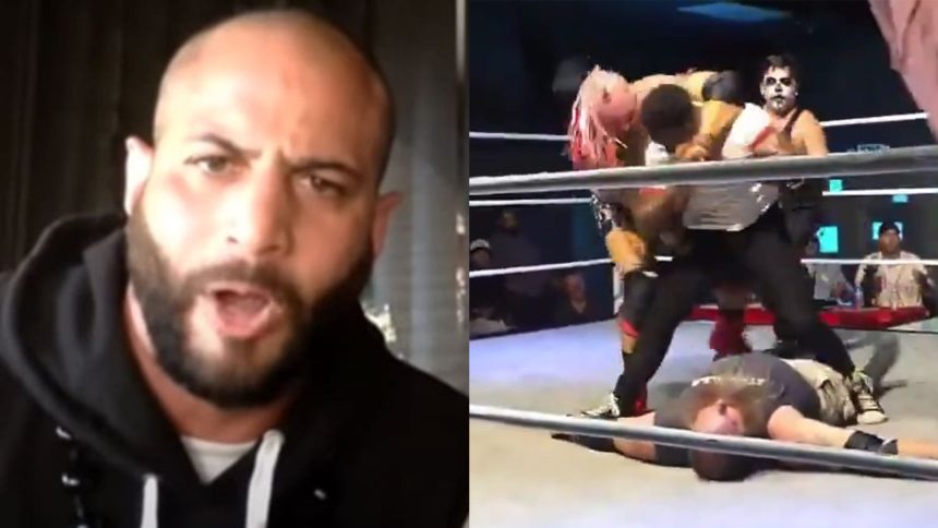 rampage jackson side-by-side with raja jackson attacking indy wrestler