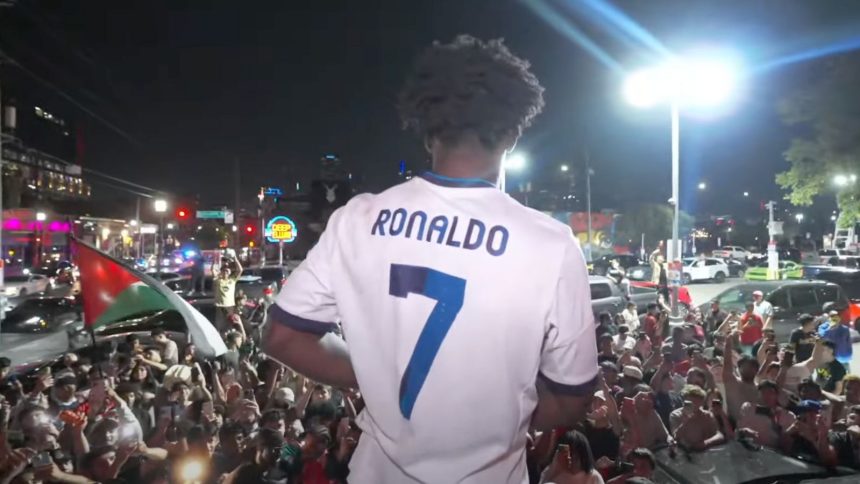 IShowSpeed stood in front of tour bus and fireworks with his face