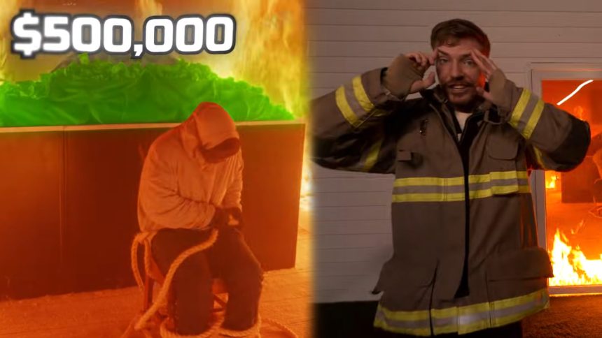 A photo of MrBeast against a background of dollar signs.