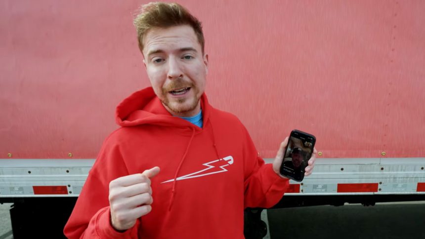 MrBeast pointing hand at camera in blue shirt while IShowSpeed holds chin in car seat