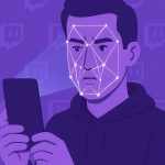 A robot holds the Twitch logo in its hand.
