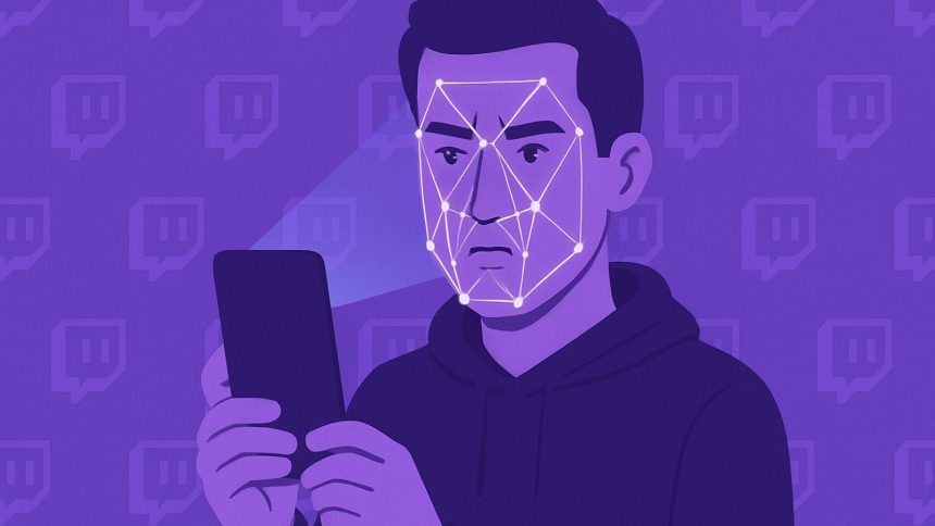 A robot holds the Twitch logo in its hand.