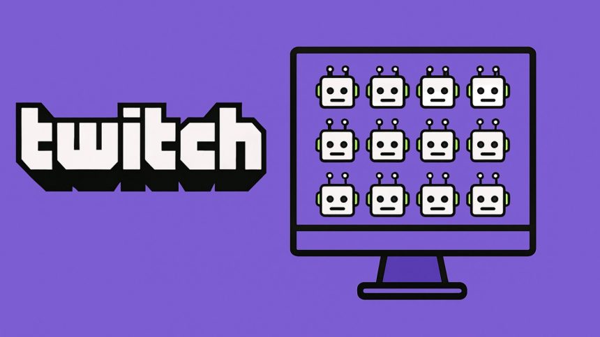 A robot holds the Twitch logo in its hand.