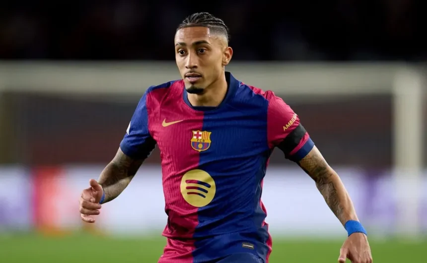 Why isn't Raphinha playing for Barcelona against Olympiacos in UEFA Champions League?