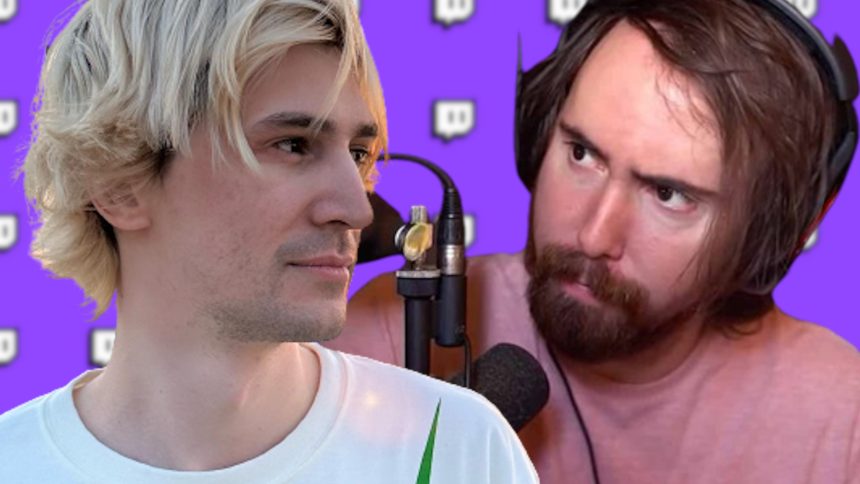 Kai Cenat in pink outfit with hands to the side side-by-side with xQc staring at camera