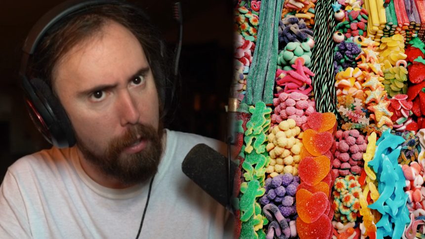 asmongold in a white shirt staring at the camera in his staring room