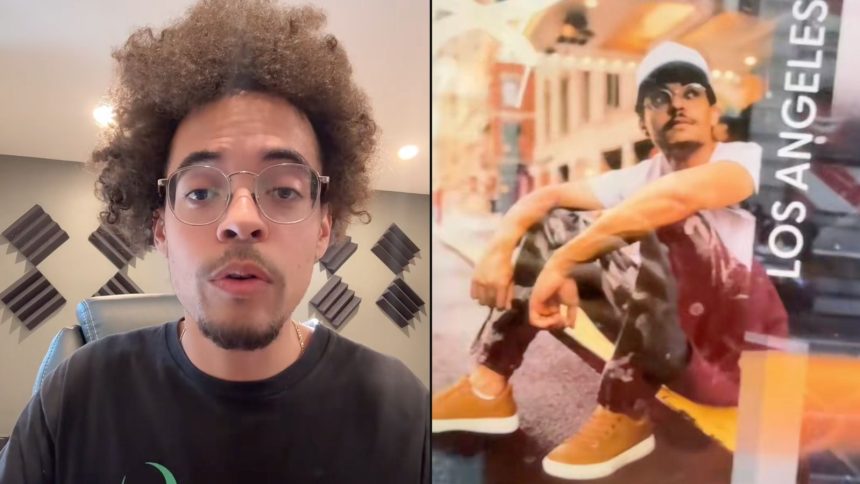 Woman standing next to billboard with Marry Lisa text on it