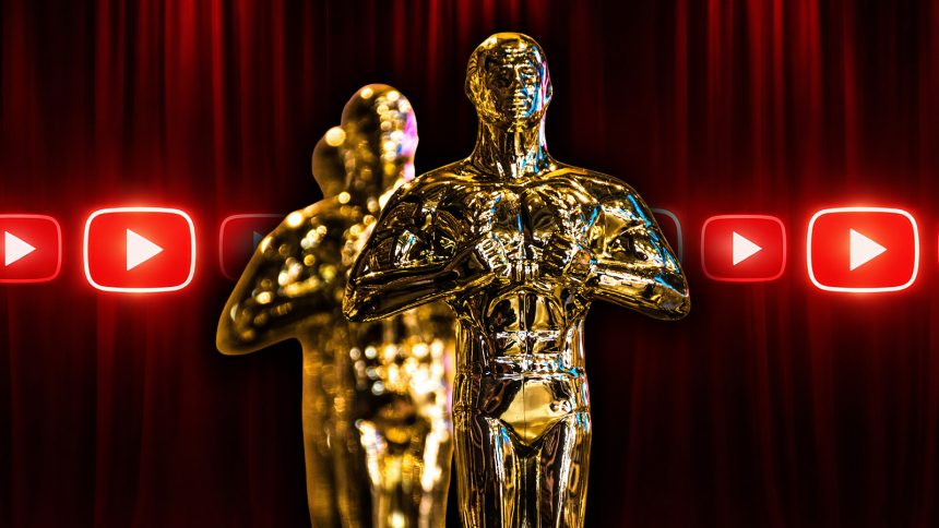 The Oscars trophy against a background of a red curtain and the YouTube logo.