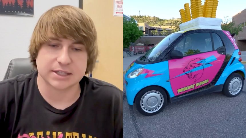 A photo of MrBeast against a background of dollar signs.
