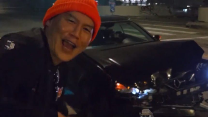 kick streamer laughing after crashing car