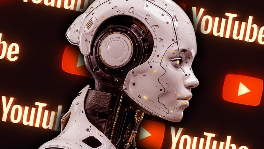 A photo of a Robot against a background of the YouTube logo repeating.