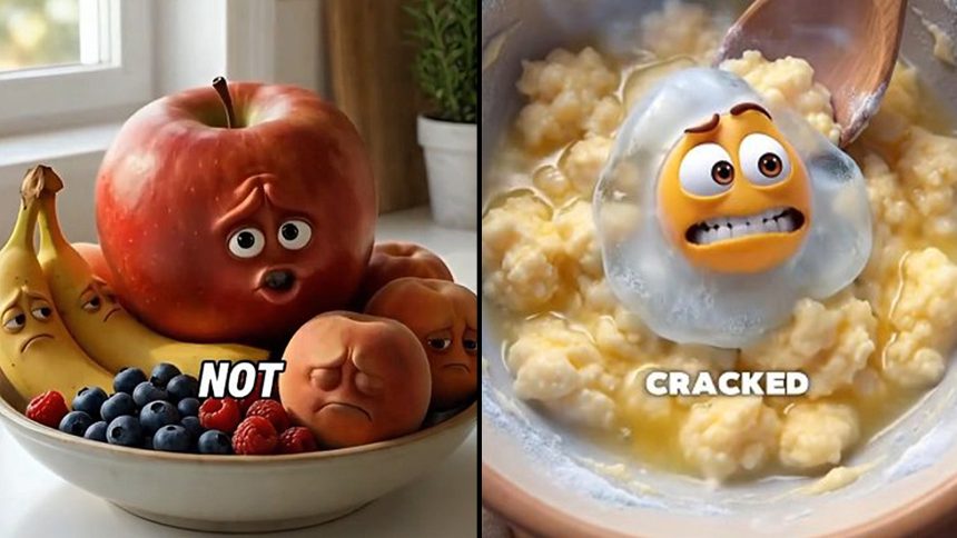 AI-generated fruits and an egg from TikTok videos.