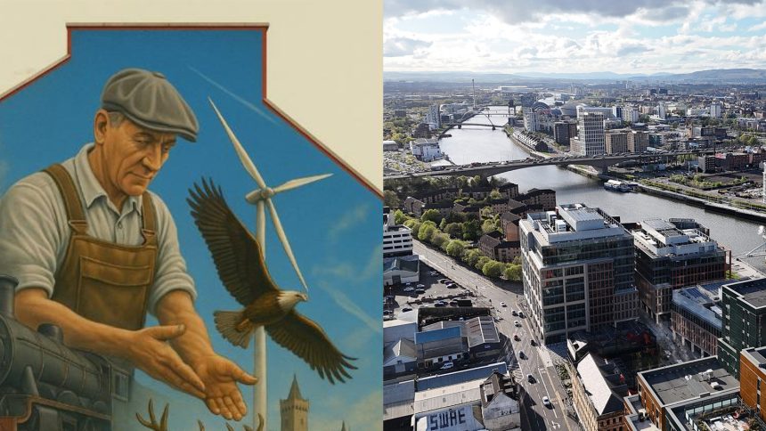 Mural on the left, Glasgow Skyline on the right