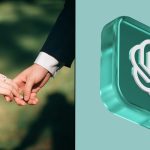 Newlywed couple holding hands and ring next to ChatGPT logo
