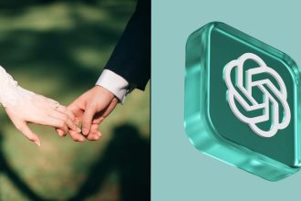 Newlywed couple holding hands and ring next to ChatGPT logo