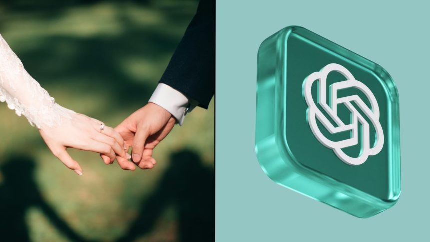 Newlywed couple holding hands and ring next to ChatGPT logo