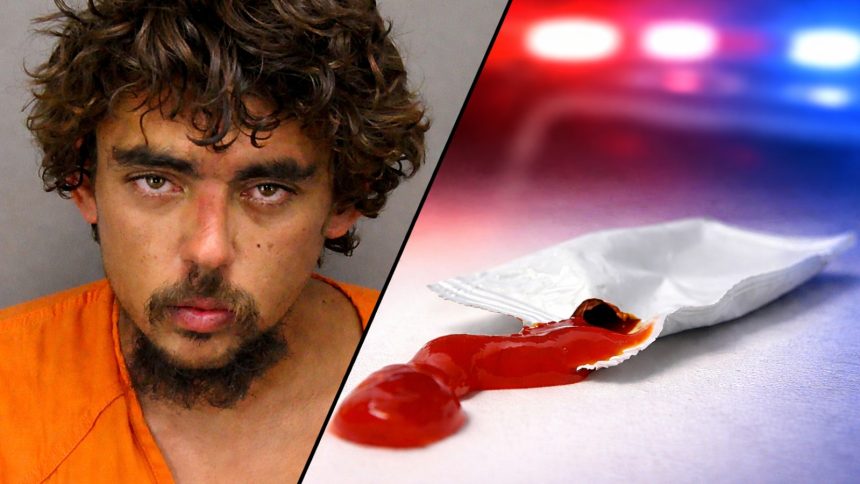 Austin Simmons next to an open ketchup packet and police sirens