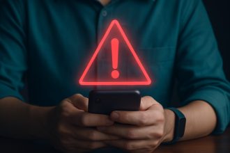 man using phone with warning alert