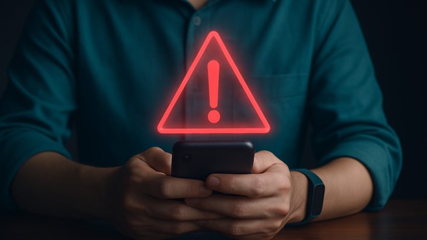 man using phone with warning alert