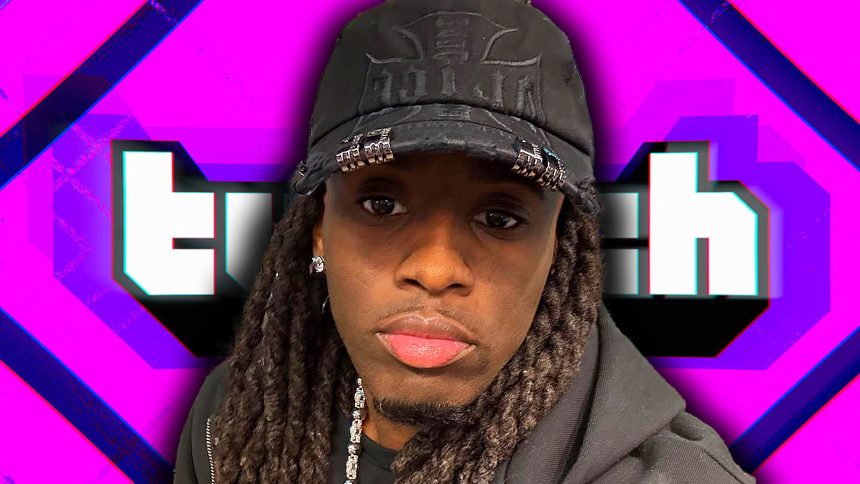 Kai Cenat on top of the Twitch logo.