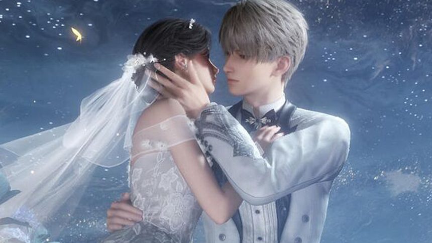 A player character getting married to a romanceable male lead in Love and Deepspace.