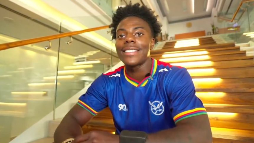 IShowSpeed sat on stairs in blue shirt talking to camera