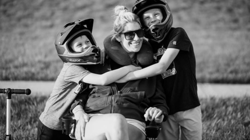sara bennett with her children in a black and white photo