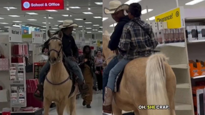 man rides horse through target