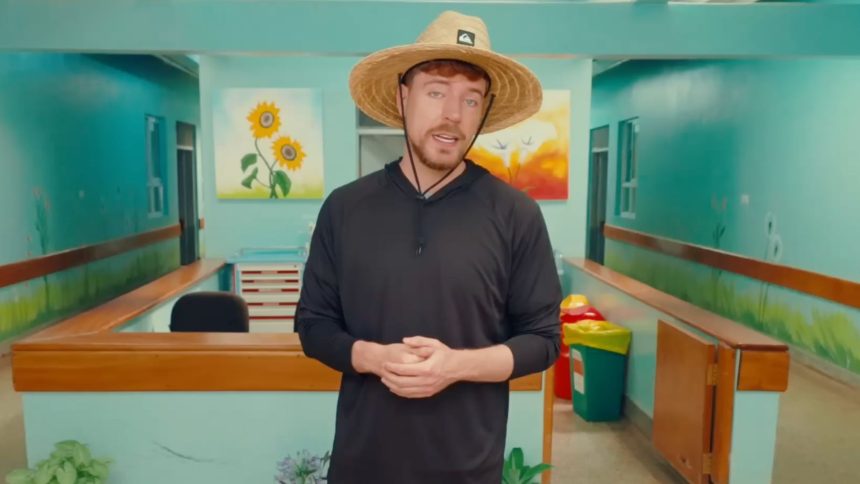 MrBeast stood in hospital with hat on