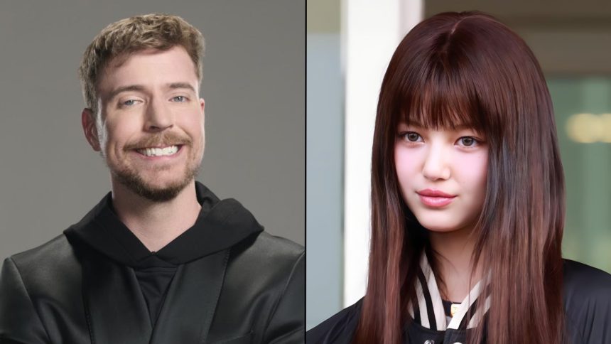 MrBeast smiling at camera alongside Danielle Walsh posing outside door