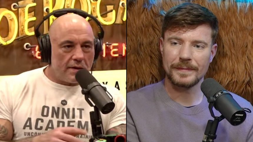 MrBeast and Joe Rogan side-by-side in front of podcast mic