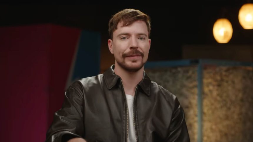MrBeast talking to camera in leather jacket
