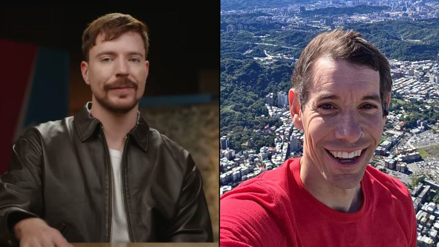 MrBeast talking to camera alongside Alex Honnold on top of Taipei 101 building