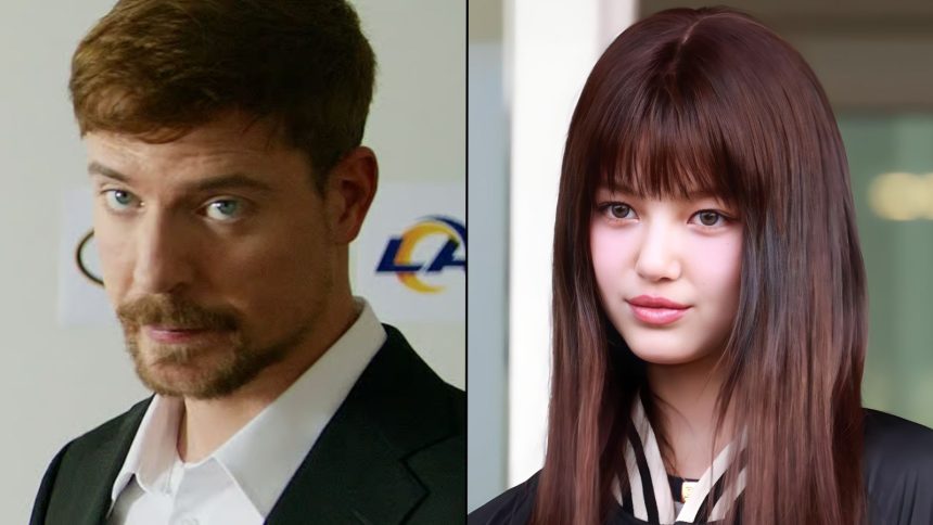 MrBeast staring at camera next to Danielle Walsh from NewJeans