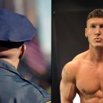 Police officer with back to camera alongside Matt Morsia flexing