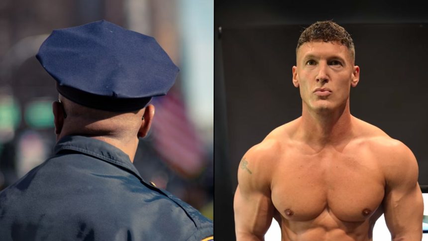 Police officer with back to camera alongside Matt Morsia flexing