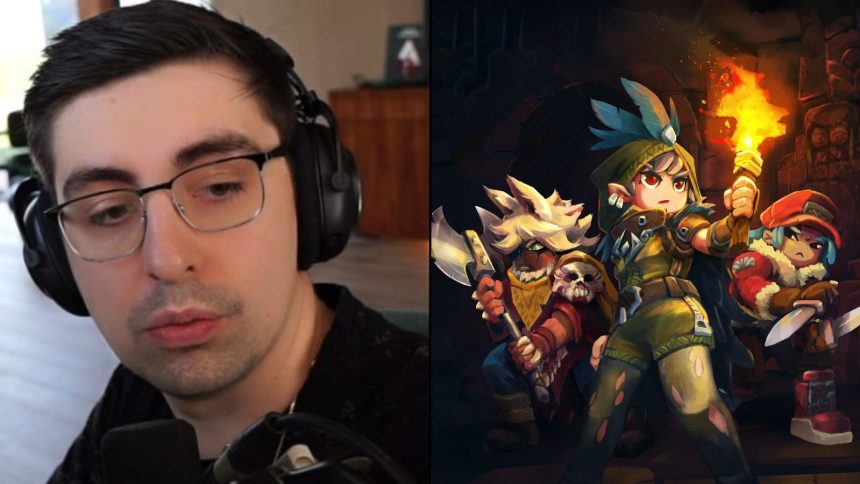 Shroud talking to camera next to three characters from Hytale