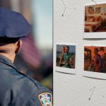 Police officer side by side with AI art on wall