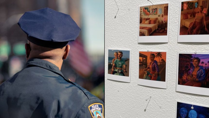 Police officer side by side with AI art on wall