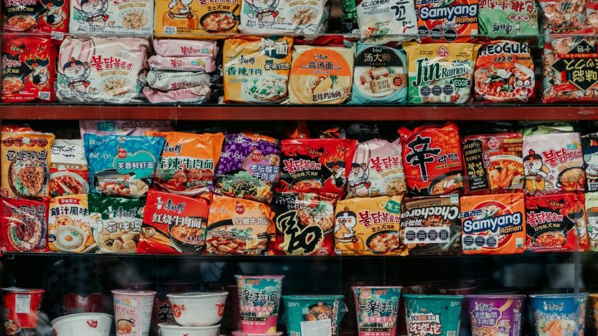 Instant noodles on a shelf