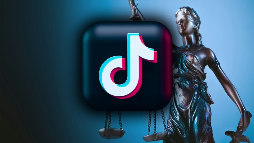 The TikTok logo in front of Justice holding her scales.