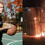 VicBlends standing on the court on the left, and the fire on the right