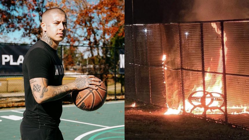 VicBlends standing on the court on the left, and the fire on the right