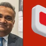 Neal Mohan alongside red YouTube logo in white square