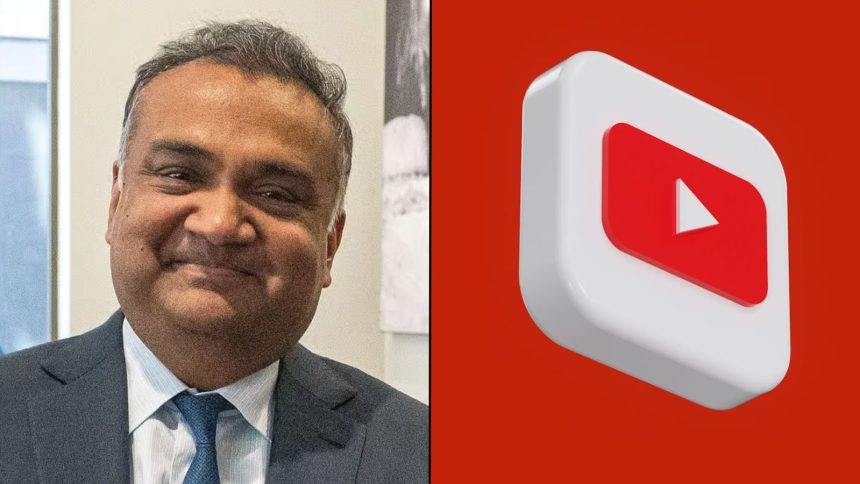 Neal Mohan alongside red YouTube logo in white square