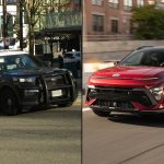 Police car alongside red SUV on road