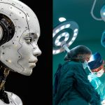 White robot with AI looking at surgeons in green performing operation