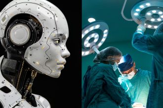 White robot with AI looking at surgeons in green performing operation