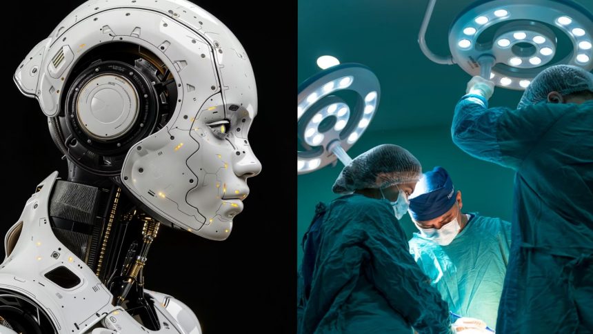 White robot with AI looking at surgeons in green performing operation